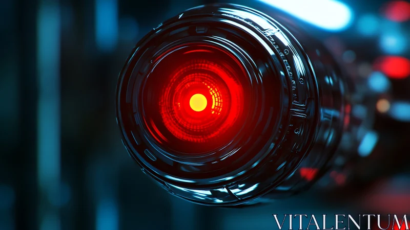 Cylindrical robotic optical sensor with central red aperture.