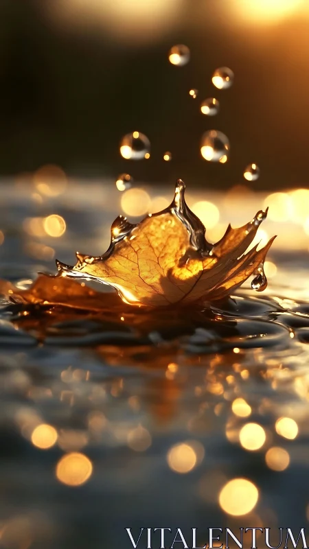 Golden leaf splash captured in warm sunset water ripples.