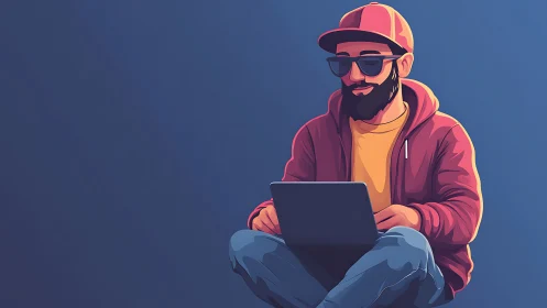 Casual bearded programmer works on laptop in cool tones.