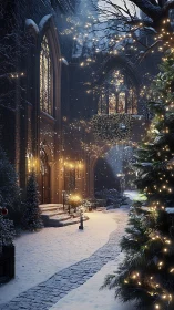 Gothic courtyard in nocturnal snowfall with luminous garlands.