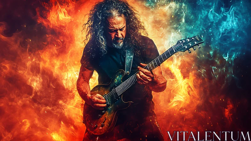 Electric guitarist soloing amid dual-color fire vortex backdrop