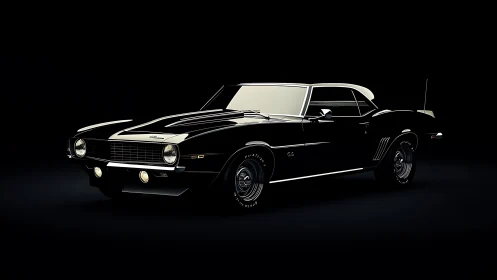 Midnight muscle coupe basking in spotlighted chrome calm.