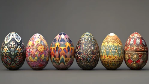 Colorful patterned eggs stand in a cheerful decorative row