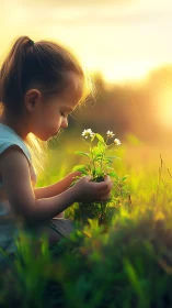 Small girl studies white wildflowers at warm sunset light