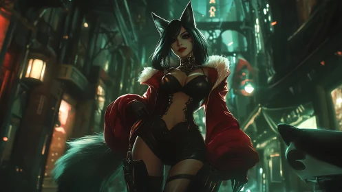 Anthropomorphic fox woman in leather outfit on city street.