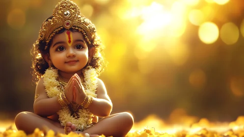 Divine infant deity portrait in warm bokeh backlight renders