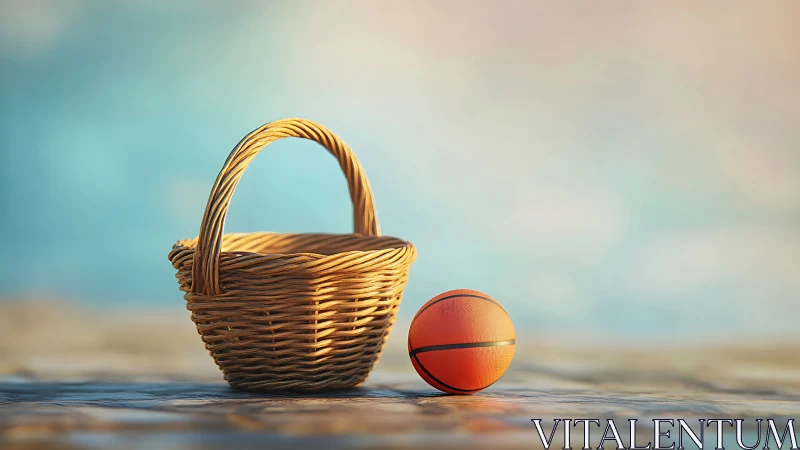 Sunny wicker basket and playful ball rest in soft daylight
