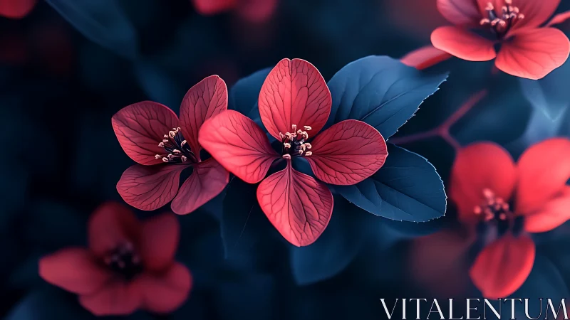 Red Four-Petal Flowers Against Dark Blue Foliage.