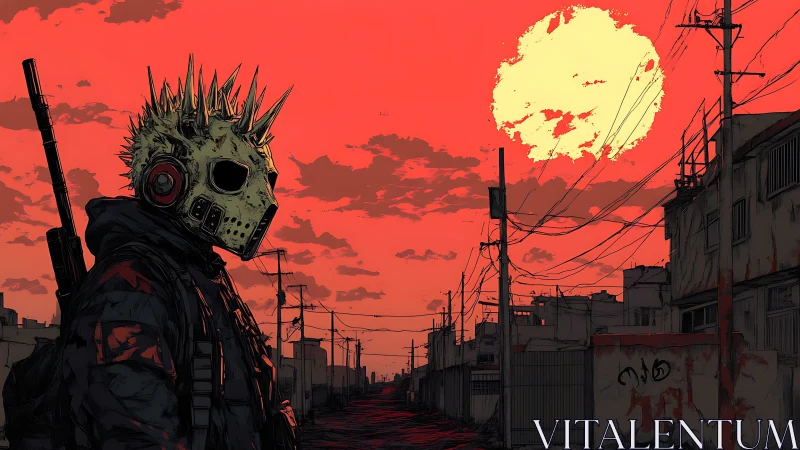 Masked armed figure in deserted urban street at sunset.