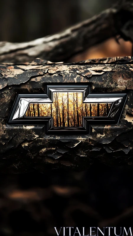 Chrome automotive emblem frames luminous forest reflection scene