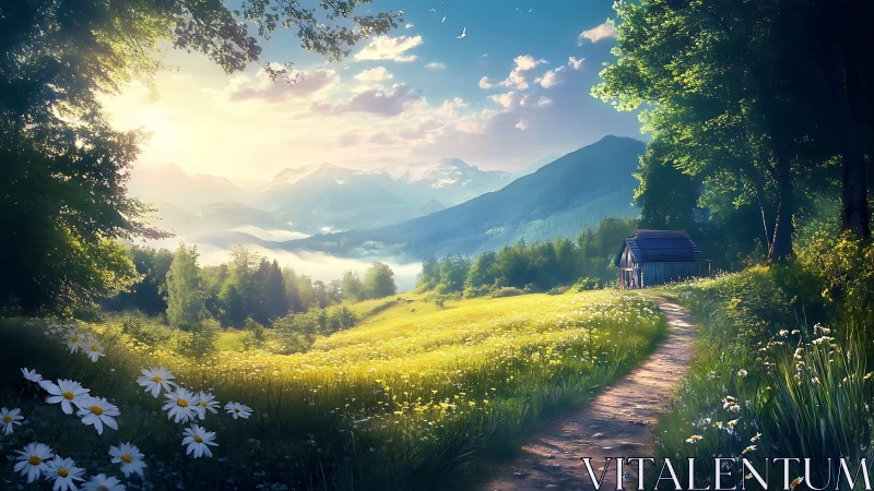 Sunlit mountain meadow surrounds solitary rustic cabin