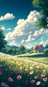 Rural house stands beyond flower meadow under cumulus clouds