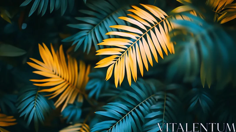 Golden tropical fronds contrast against deep teal foliage.