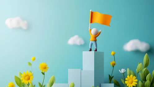 Cartoon figure holding flag on podium in spring landscape, 3D style.