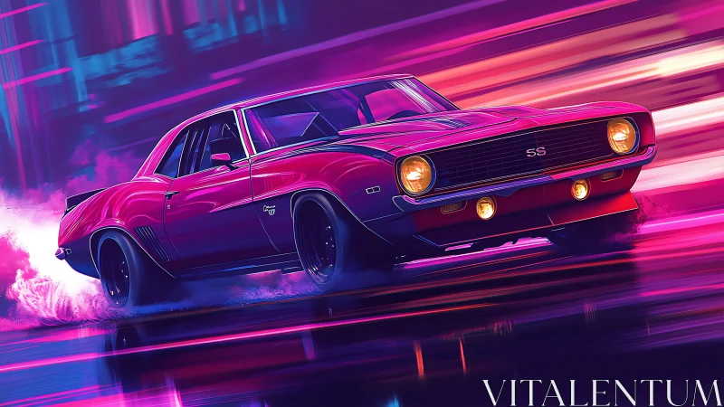 Retro muscle car drifts through neon city street at night