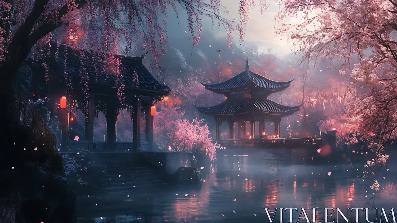 Lakeside pavilions amid cherry blossoms in soft dusk light.