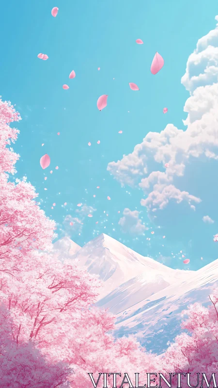 Cherry blossoms drift above serene snowy mountain peaks.