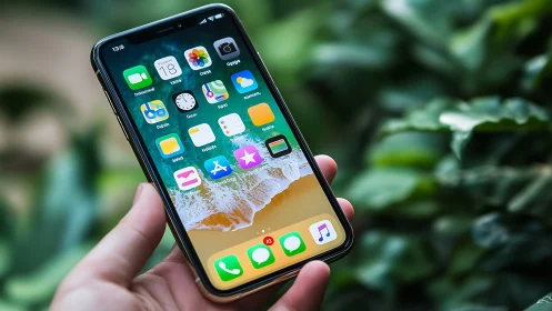 iOS Smartphone Home Screen Display Against Verdant Garden Background.