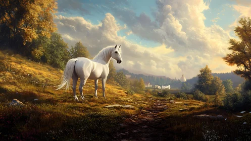 White horse stands in sunlit meadow under towering clouds