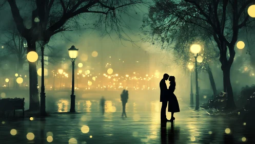 Silhouettes Embrace Beneath Neon Reverie.