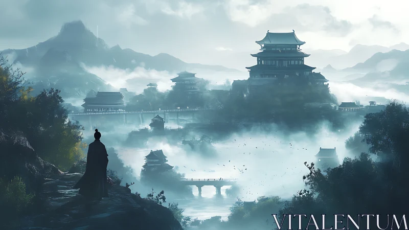 Mist-draped scholar contemplates a distant mountain citadel