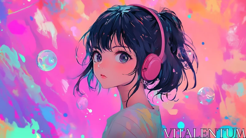 Chromatic anime portrait with headphones in neon gradient field.