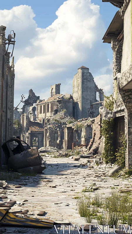 Sunlit ruined street quietly holds echoes of lost homes