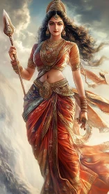 Regal female warrior in ornate attire with spear, frontal view.