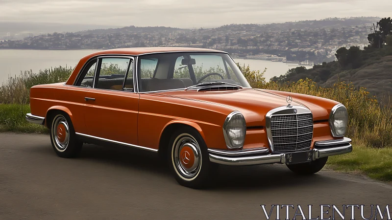 Sunlit classic orange Mercedes coupe enjoys a quiet coastal road
