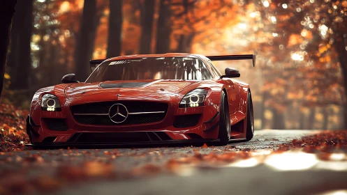 Red Mercedes race car powers through misty autumn forest