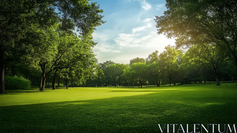 Sunlit green park lawn under dense summer tree canopy.
