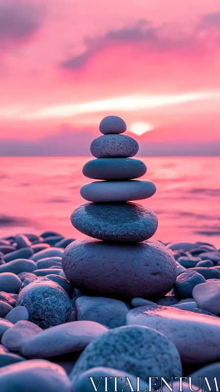 Balanced shoreline cairn under saturated pink sunset sky