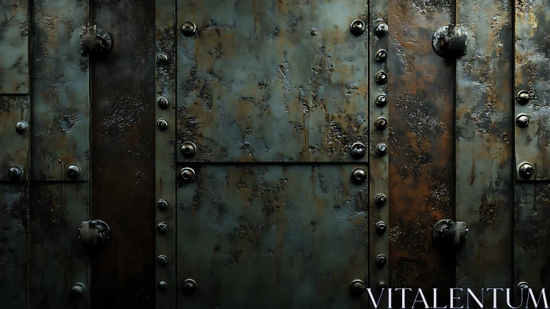 Rusted riveted steel panels forming industrial bulkhead.