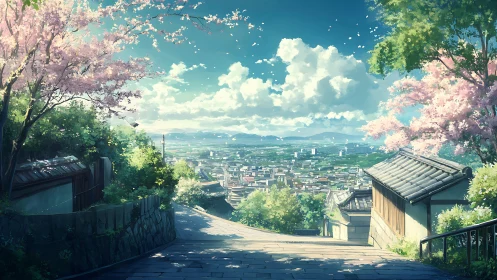 Hilltop stone pathway overlooking distant urban landscape.