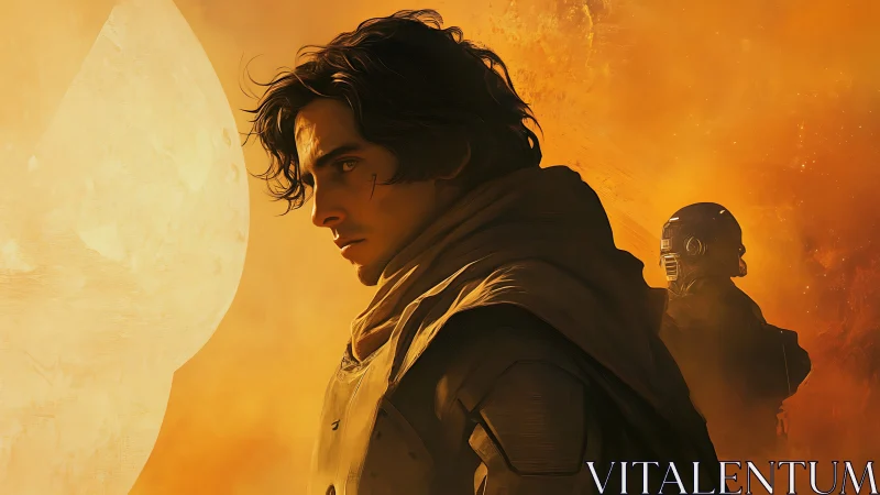 Storm-lit wanderer gazes toward destiny in desert light