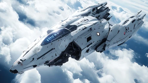 Sleek starship gliding through soft, sunlit cloud oceans.