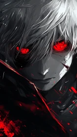 Monochrome ghoul portrait with high-contrast crimson optics.