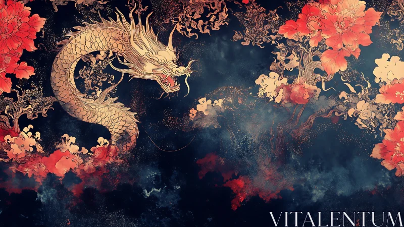 Gold serpentine dragon with crimson florals on indigo void.