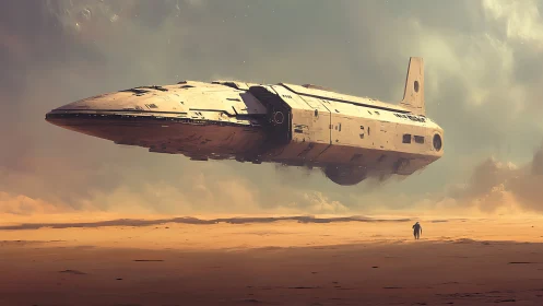 Massive starship hovering above lone desert explorer.