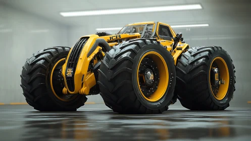 Monster-wheeled JCB crawler lounges like a yellow garage titan
