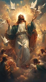 Christ ascends through radiant clouds and circling doves.