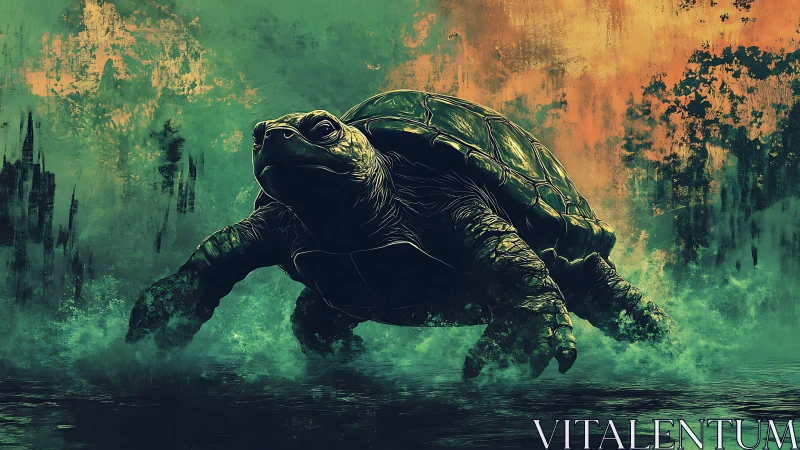 Hydrodynamic turtle in cinematic teal‑orange vapor field.