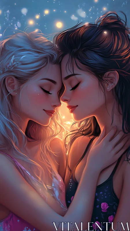 Two Figures Sharing Luminous Moment in Starlit Setting.