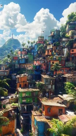 Colorful hillside favela basks under towering tropical clouds