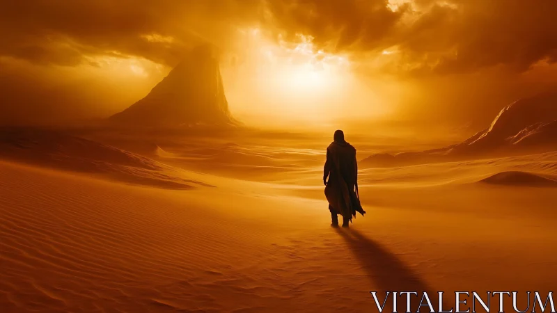 Desert wanderer under volumetric stormlight in orange-spectrum dunes.