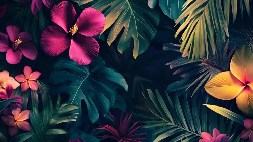 Tropical Floral Composition with Vibrant Hibiscus Blooms.
