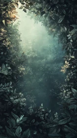 Vertical misted forest portal in immersive digital painting.