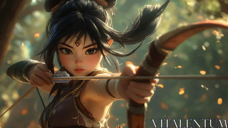 Anime-style female archer drawing bow in forest scene.