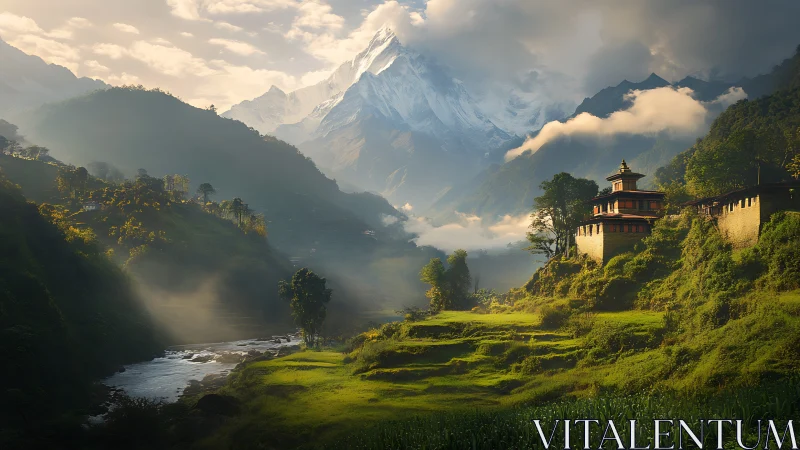 Digital painting of terraced valley temple and alpine massif.