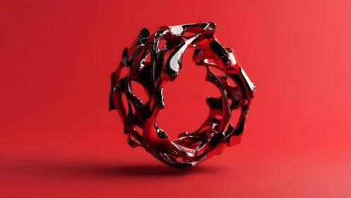 Abstract metallic ring sculpture with futuristic design on red.